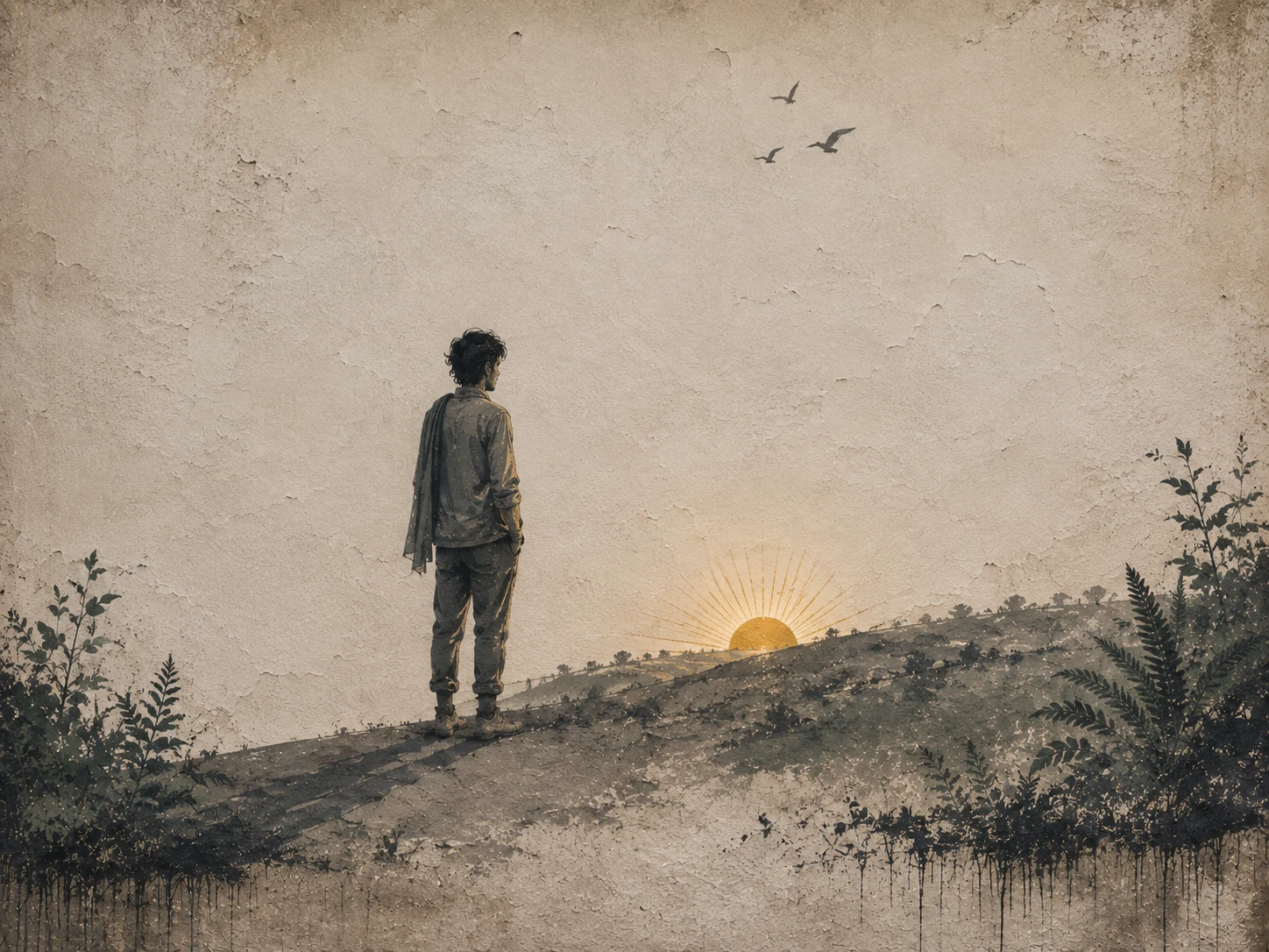 A painted figure standing at ease on a hillside, watching a small sun rise.
