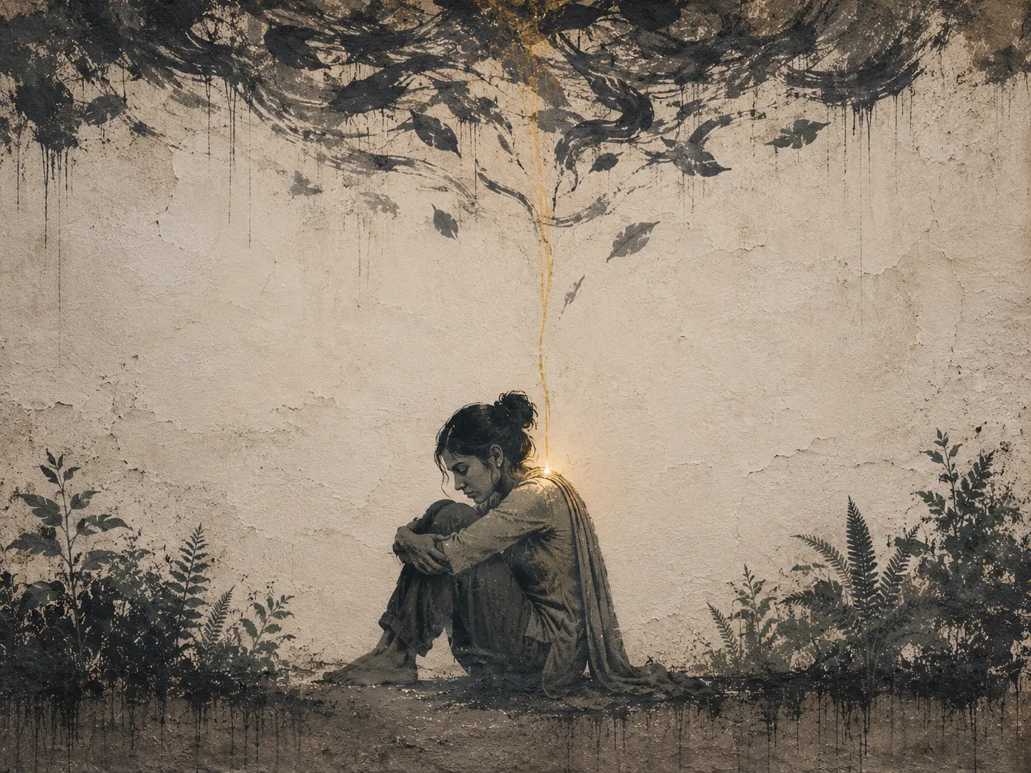 A painted figure sitting with knees drawn in beneath a dark tangle, one thread of golden light reaching their shoulder.
