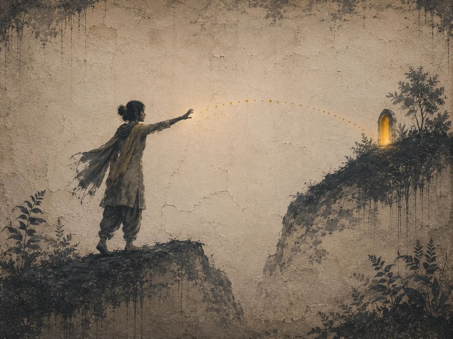 A painted figure reaching across a gap toward a glowing doorway on the far hill.