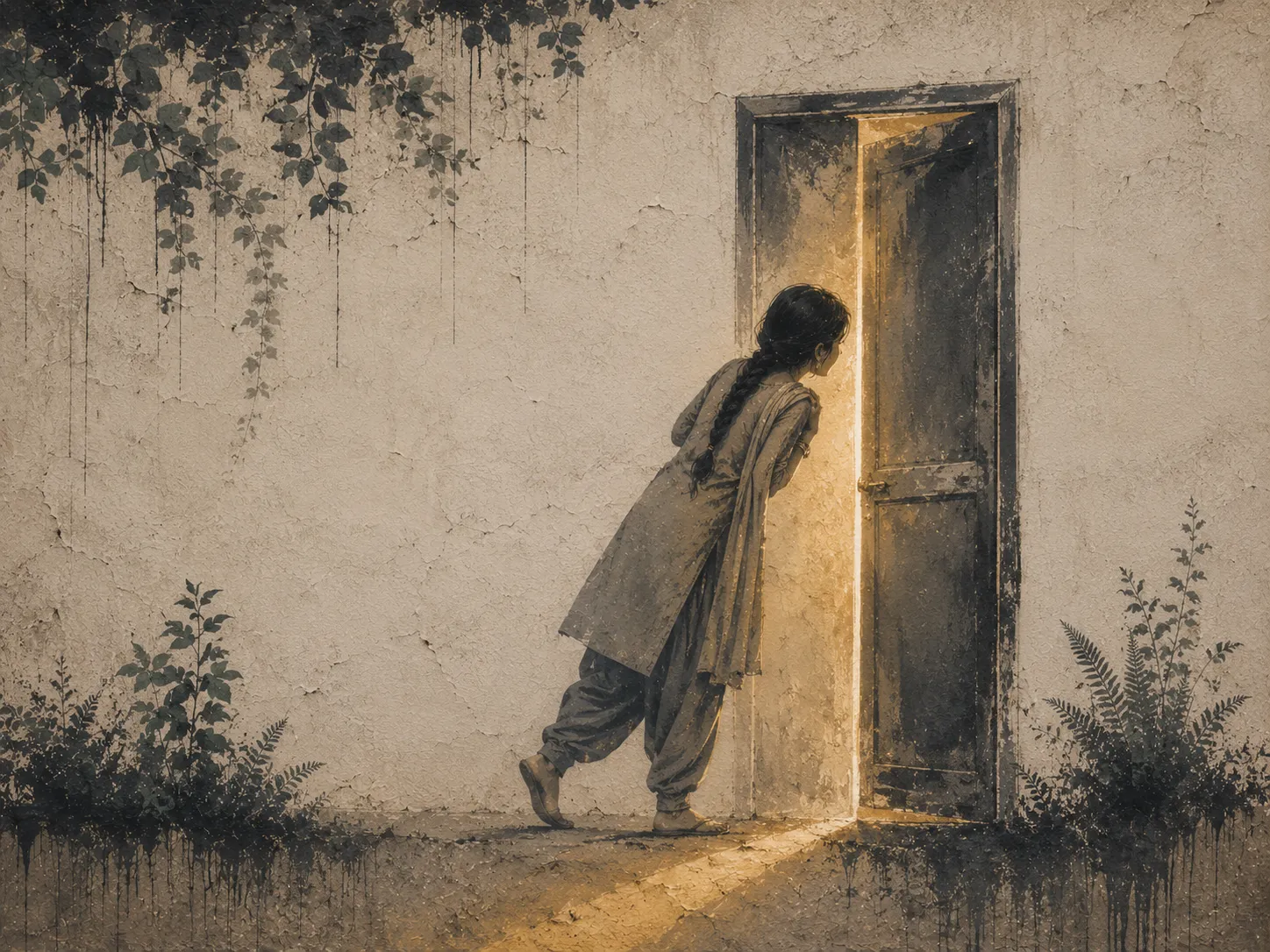 A painted figure peering around a half-open door with warm light spilling through.