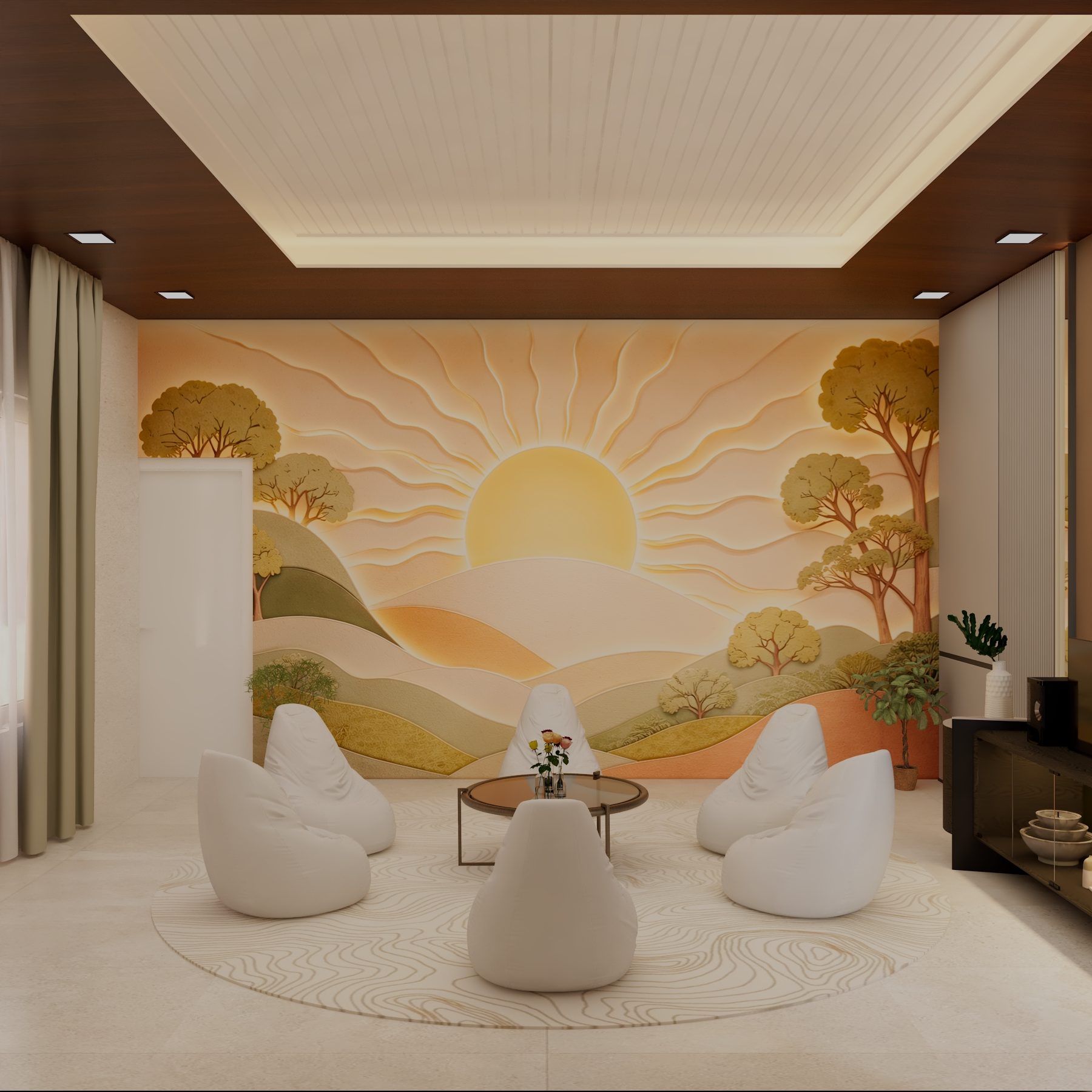 A Lythous&trade; room: daylight, a sunrise mural, low seating in a circle.