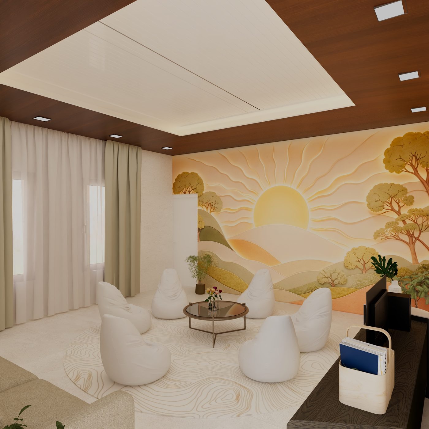Daylight through sheer curtains onto low seating and a sunrise mural.